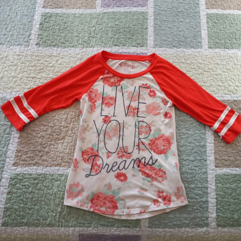 Floral 3/4 Orange sleeves tee "Live You Dreams" with lace trim on sleeves